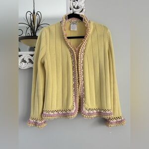✨CHANEL 2004 Cruise Collection Yellow Cashmere & Cotton Cardigan Pom Pom Lace✨